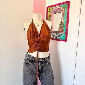 Attirance Bronze Ruched Tie-Up Halter Crop Top